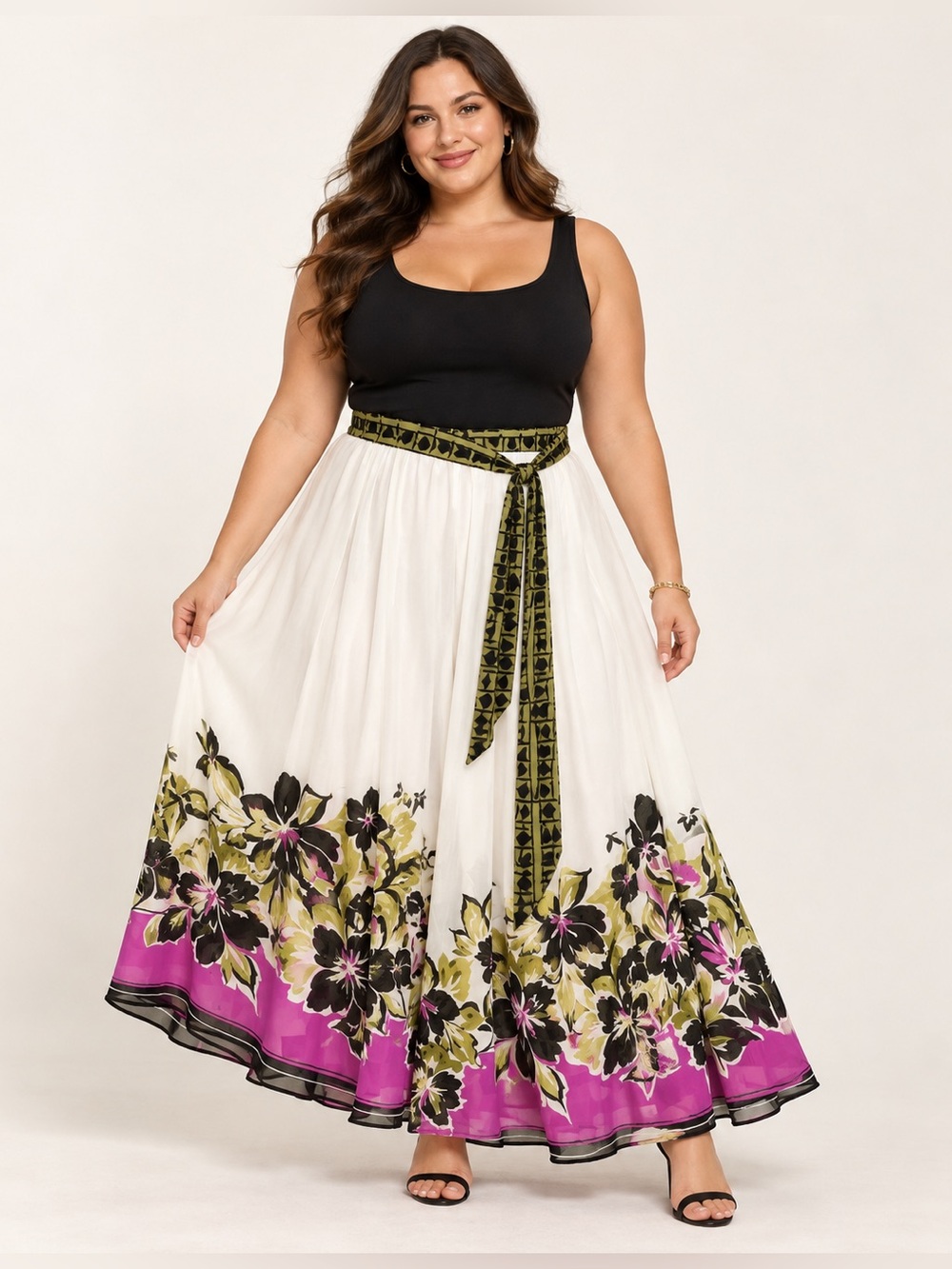 Cato Floral Maxi Skirt 18/20 White Pink Green Belted Boho Lined